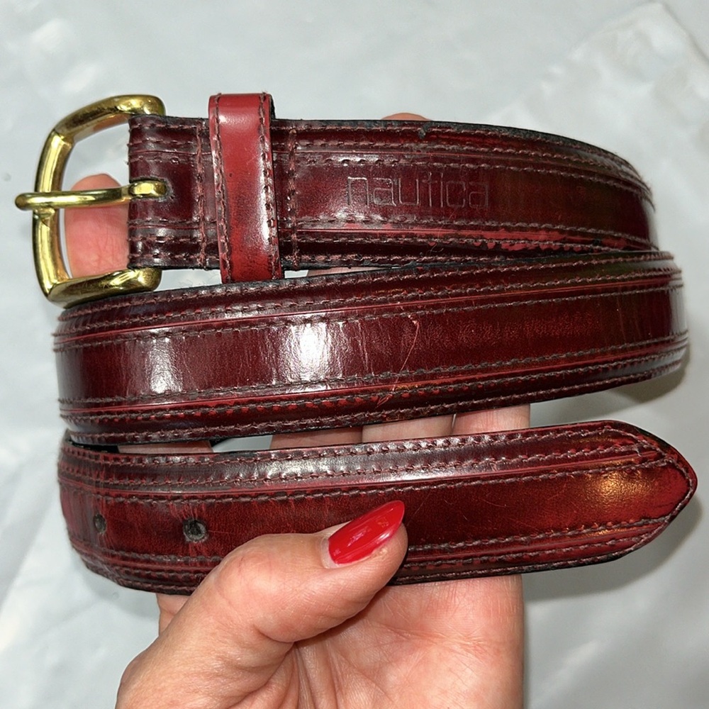 Nautica BROWN LEATHER belt TOP GRAIN 93019,36-40”BRASS BUCKLE embroidery size 38